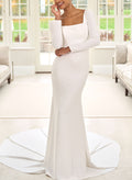 Flattering Trumpet Square Neckline Long Sleeves Elastic Satin Wedding Dresses