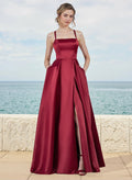 A-Line Square Neckline Satin Bridesmaid Dresses With Pockets/High Split