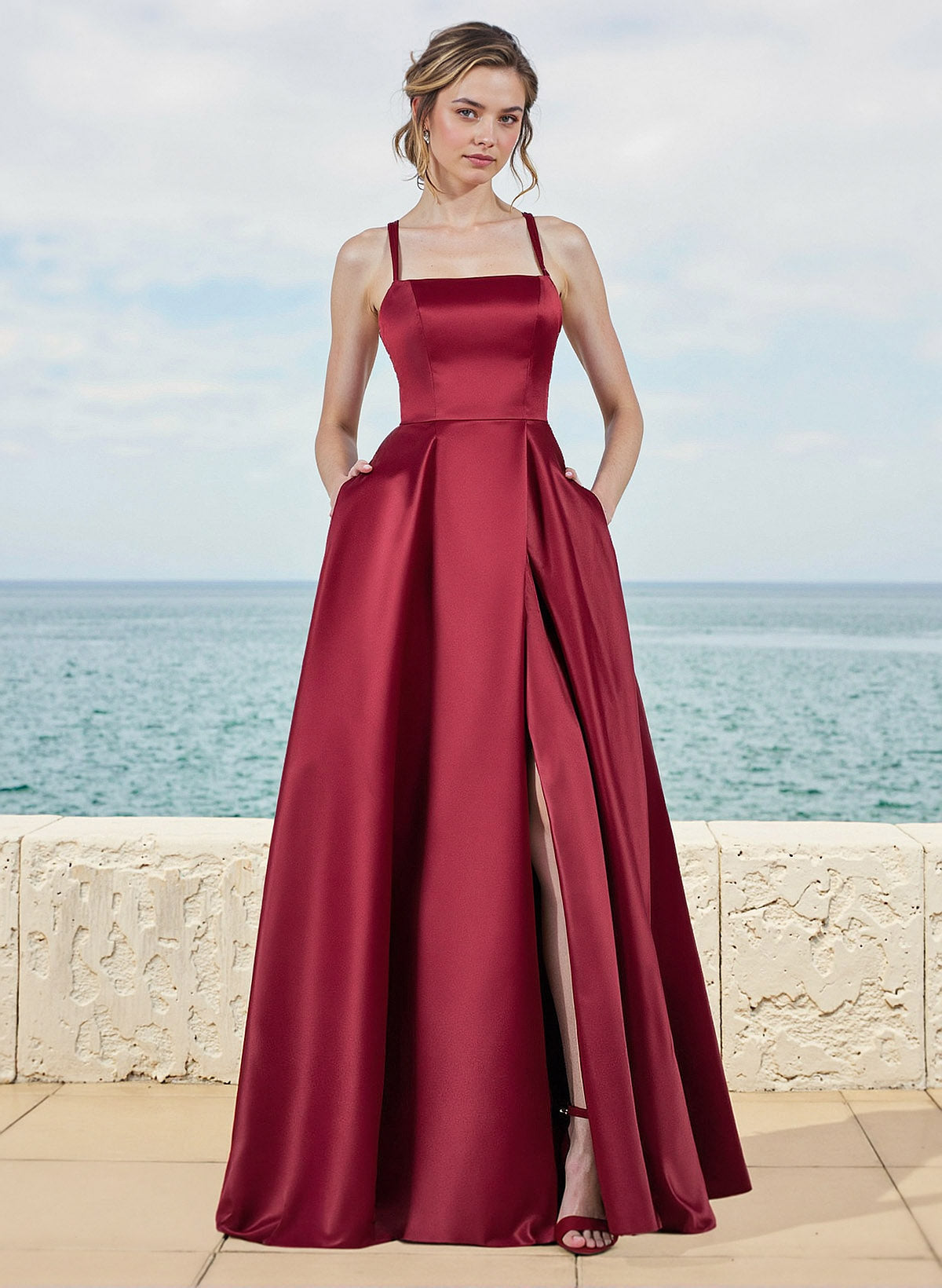 A-Line Square Neckline Satin Bridesmaid Dresses With Pockets/High Split
