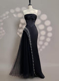 Luxury Straight Across Neckline Corset Matte Satin/Tulle Evening Dresses With Sequins