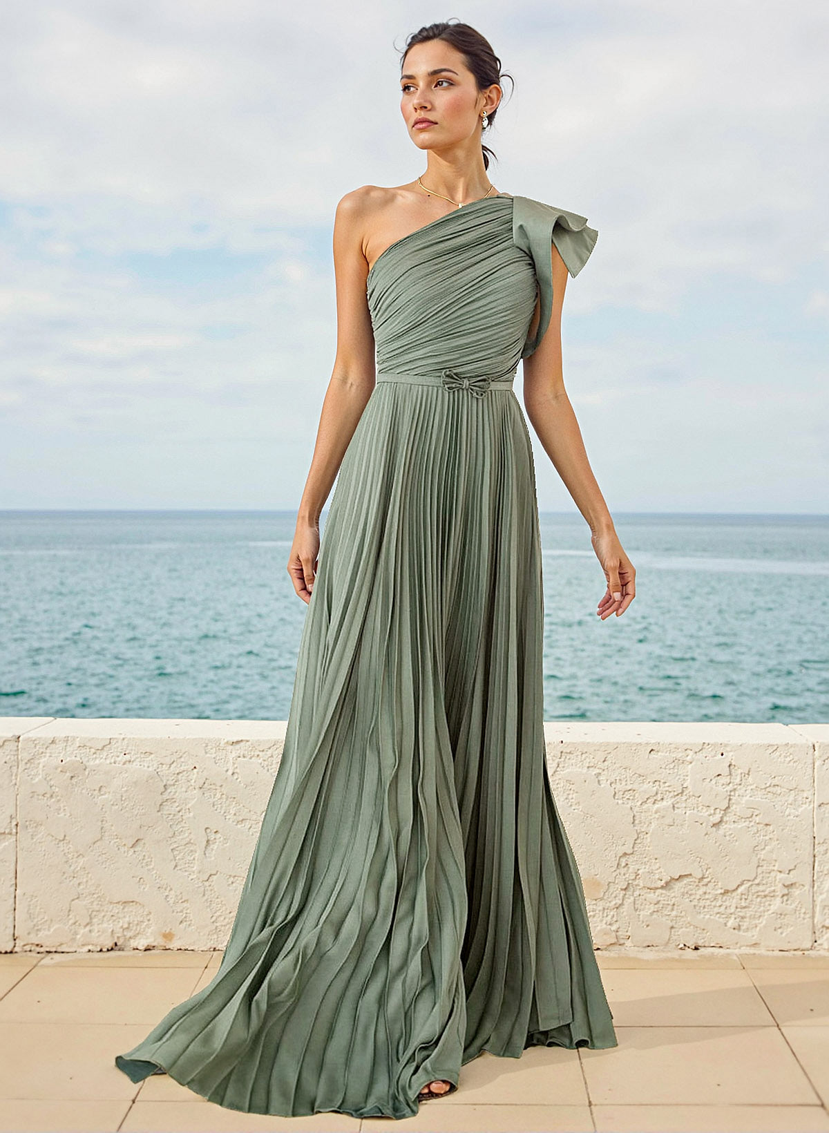 A-Line One-Shoulder Sleeveless Chiffon Bridesmaid Dresses With Pleated