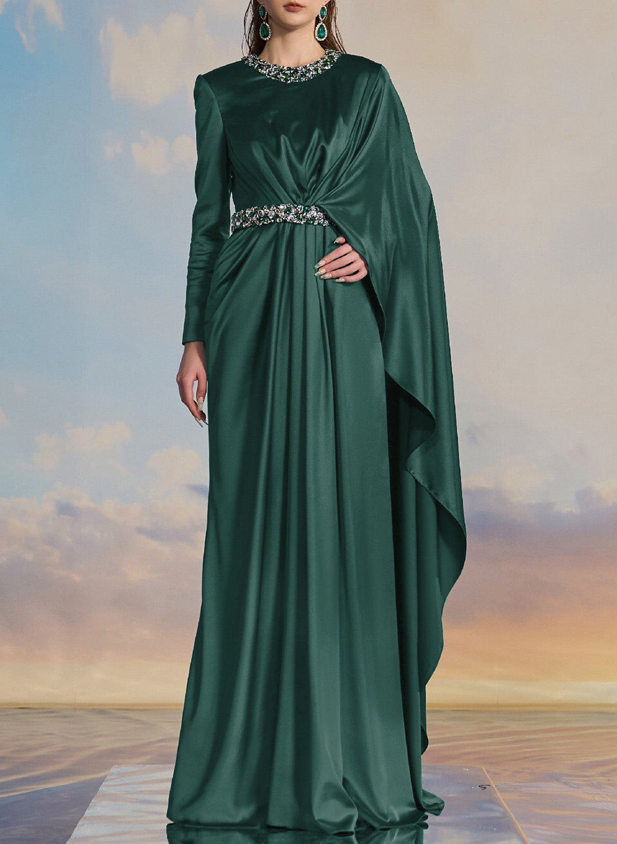 Luxury Scoop Neck Cape-Sleeve Silk Like Satin Evening Dresses With Sweeping Side Drape