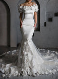Luxury Off-The-Shoulder Flower(s) Tulle Mermaid Cathedral Train Satin Wedding Dresses