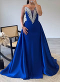 Elegant V-Neck Overskirt Sweep Train Matte Satin/Sequined Evening Dresses