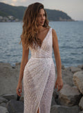 Sheath/Column V-Neck Sleeveless Sequined Wedding Dresses With Split Front