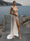 Sheath/Column Square Neckline Sequined Wedding Dresses With Split Front