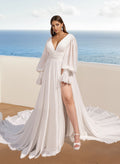 Plus Size A-Line V-Neck Long Sleeves Chiffon Wedding Dresses With Lace/High Split