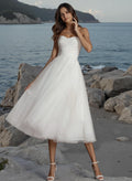 A-Line Sweetheart Sleeveless Tea-Length Tulle Wedding Dresses
