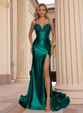 Elegant Sweetheart Corset High Split Mermaid Sweep Train Stretch Satin Knit Prom Dresses