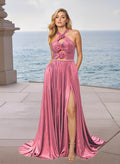 Elegant Flower(s) Halter Pleated High Split A-Line Sweep Train PromDress