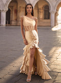 Dreamy One-Shoulder High Split Ruffle Sweep Train Stretch Satin Knit Prom Dresses