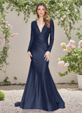 Modest Trumpet V-Neck Long Sleeves Jersey Bridesmaid Dresses