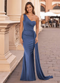 Classic One-Shoulder Sweep Train Crepe Satin Prom Dresses With Sweeping Side Drape