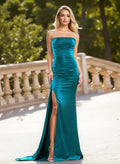 Flattering High Split Sweep Train Silk Like Satin Prom Dresses