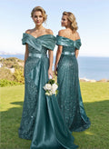 Sheath/Column Liquid Satin/Sequined Bridesmaid Dresses With High Split