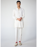 White Henley Shirt Kurta Set with Square Embroidery By KYNAH, Luxury Indian Fashion & Bridal Wear