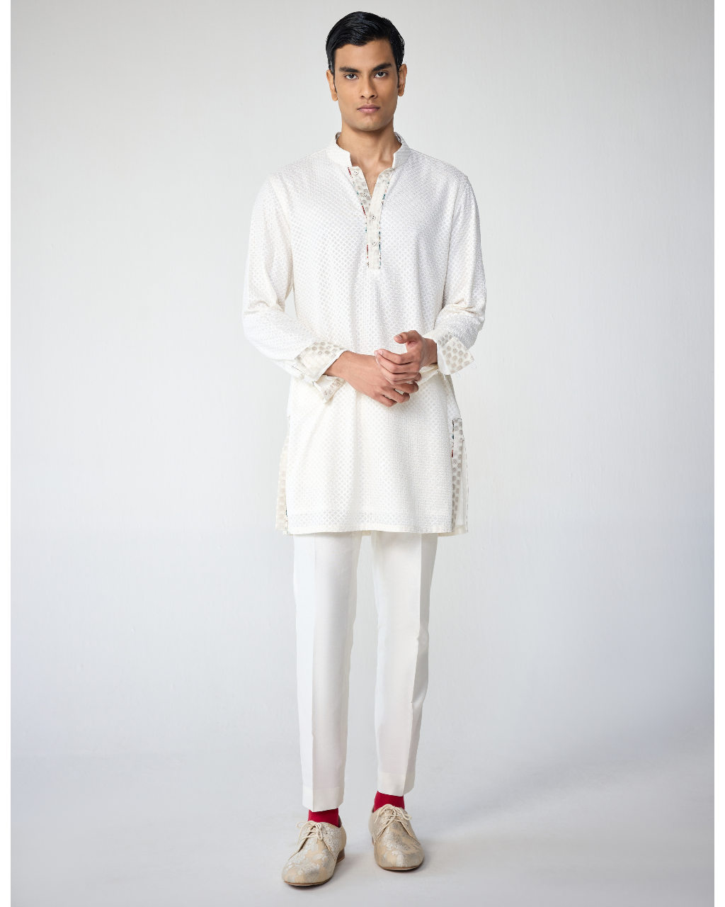 White Henley Shirt Kurta Set with Square Embroidery By KYNAH, Luxury Indian Fashion & Bridal Wear
