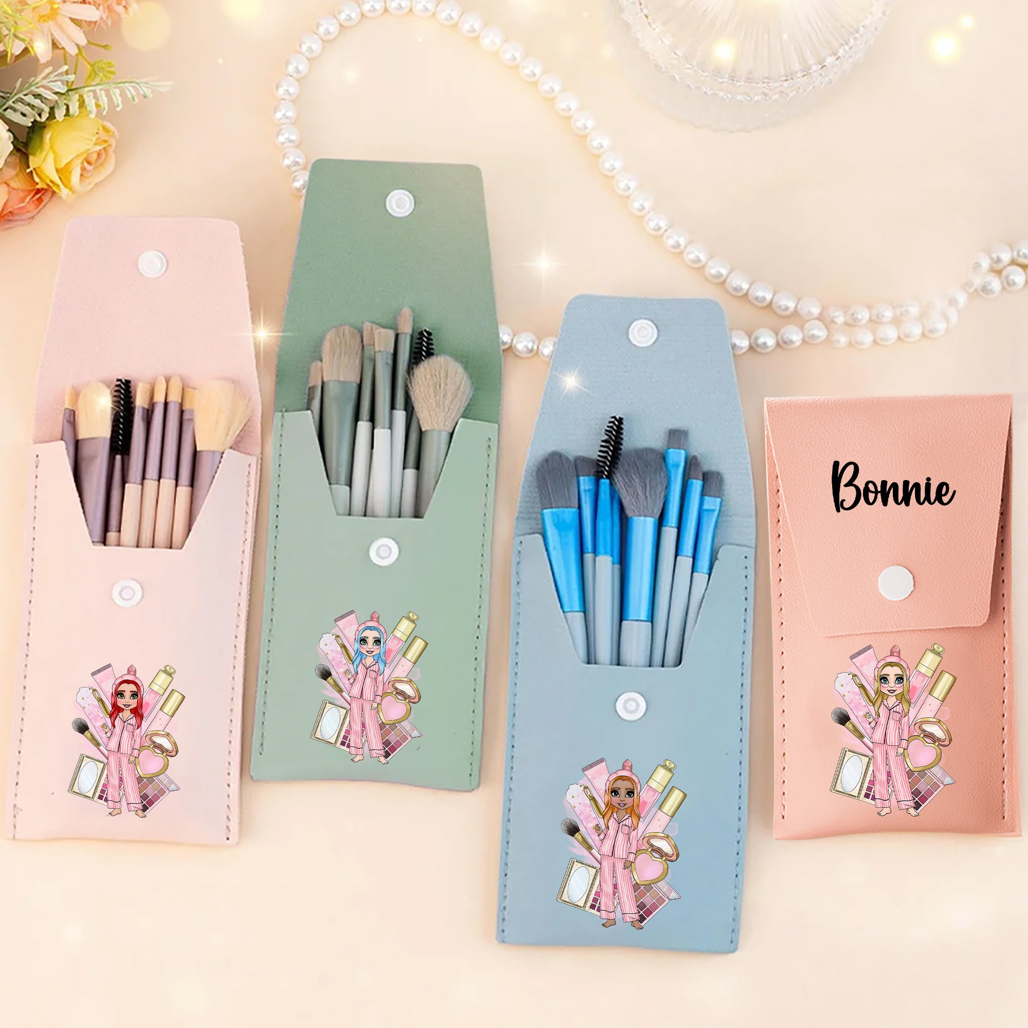 Personalizada de dibujos animados Pijama Nombre de la muchacha portátil de cuero de la PU Bolsa de pinceles de maquillaje con 8 piezas de pinceles Pijama Fiesta de Dama de honor Regalo de cumpleaños p