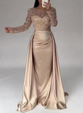 Sparkly Semi Sheer Illusion Sleeves Bedazzled Sweetheart Evening Dresses With Overskirt