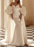 Unique V-Neck Spaghetti Straps Sweep Train Matte Satin Wedding Dresses With Flower(s) Shawl