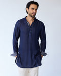 Blue Chessboard Henley Kurta Set By KYNAH, Luxury Indian Fashion & Bridal Wear