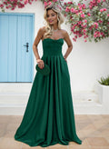 A-Line Strapless Sleeveless Sweep Train Matte Satin Bridesmaid Dresses With Bow(s)