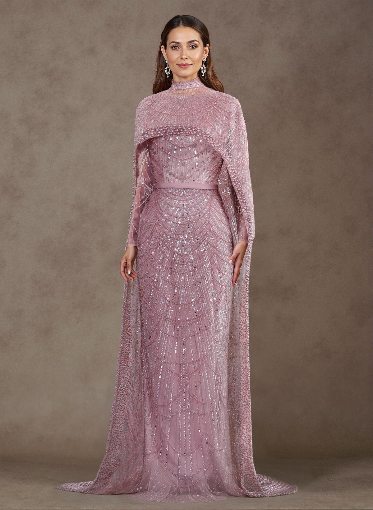 Sheath Column High Neck Long Sleeves Sweep Train Lace Satin Tulle Mother Of The Bride Dresses With Beading