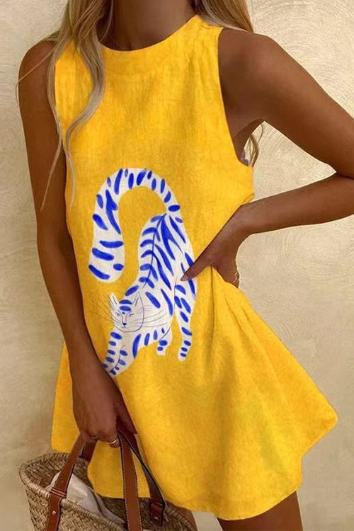 Round Neck Sleeveless Cartoon Print Mini Dress