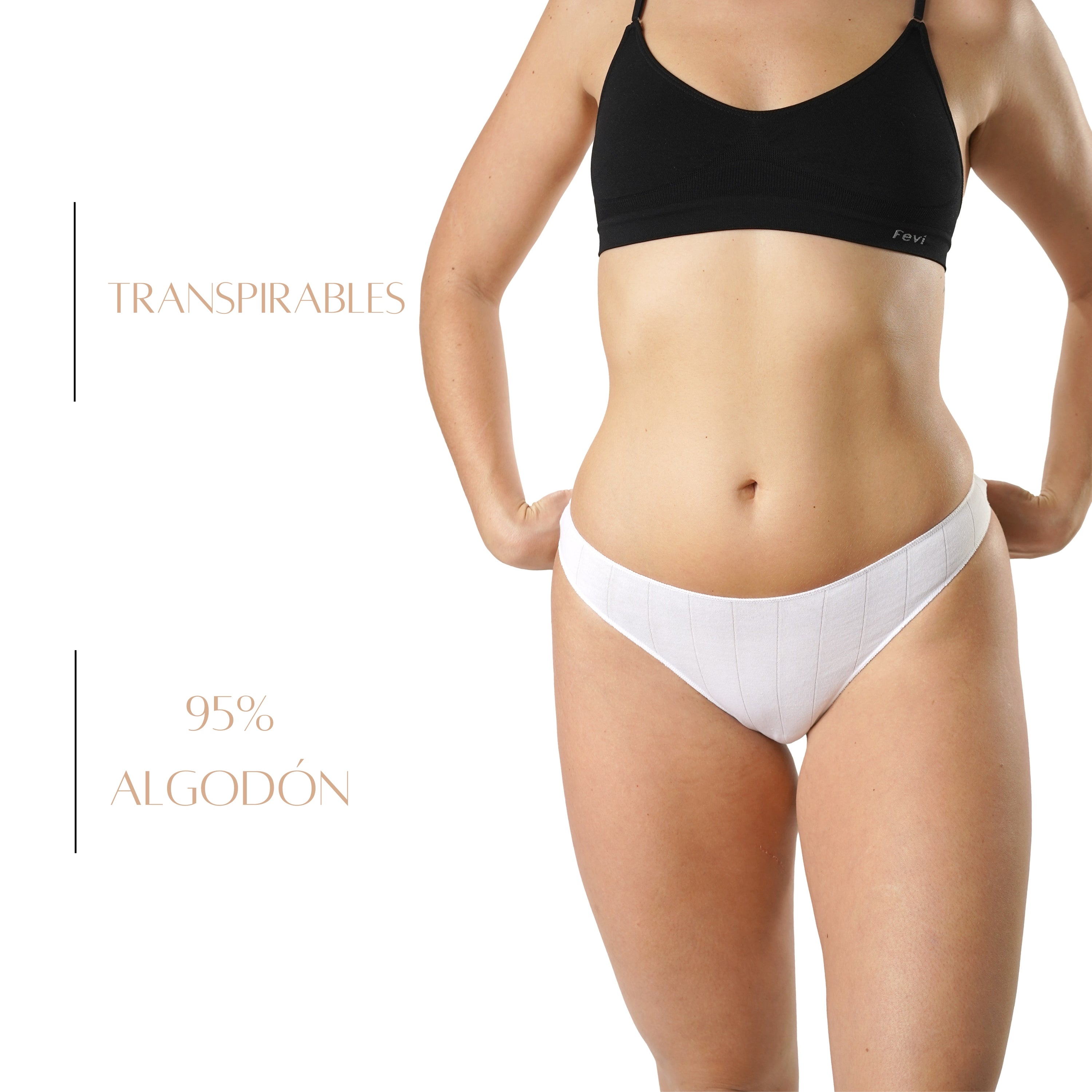 FEVI | Pack de 6 Tangas | 95% Algodón | Suaves y Transpirables | en 1 o 3 Colores: Negro, Beige, Blanco