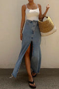 Raw Hem High Slit Maxi Denim Skirt