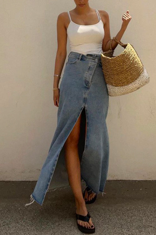 Raw Hem High Slit Maxi Denim Skirt