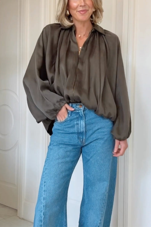 Lapel Batwing Sleeves Zip Up Bomber Jacket