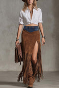 High Rise Denim Splice Faux Suede Slit Fringe Maxi Skirt