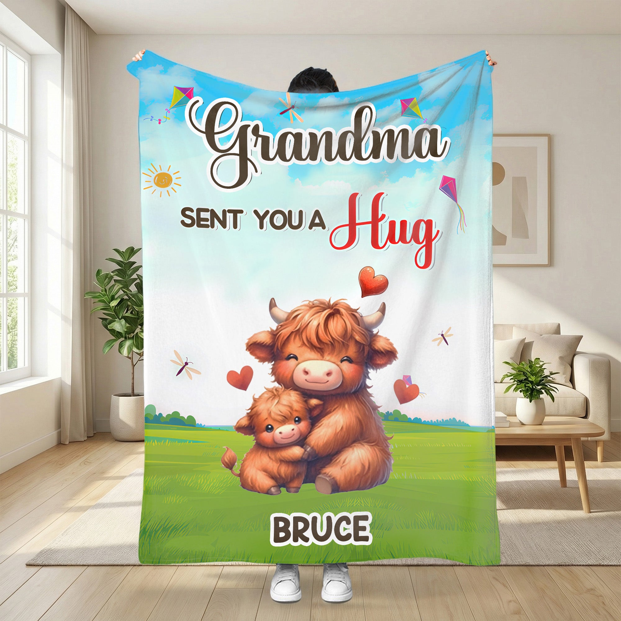 Manta Personalizada Abuela Te Envió Un Abrazo de Dibujos Animados con Nombre Decoración del Hogar Regalo de Cumpleaños Día de la Madre para Niños