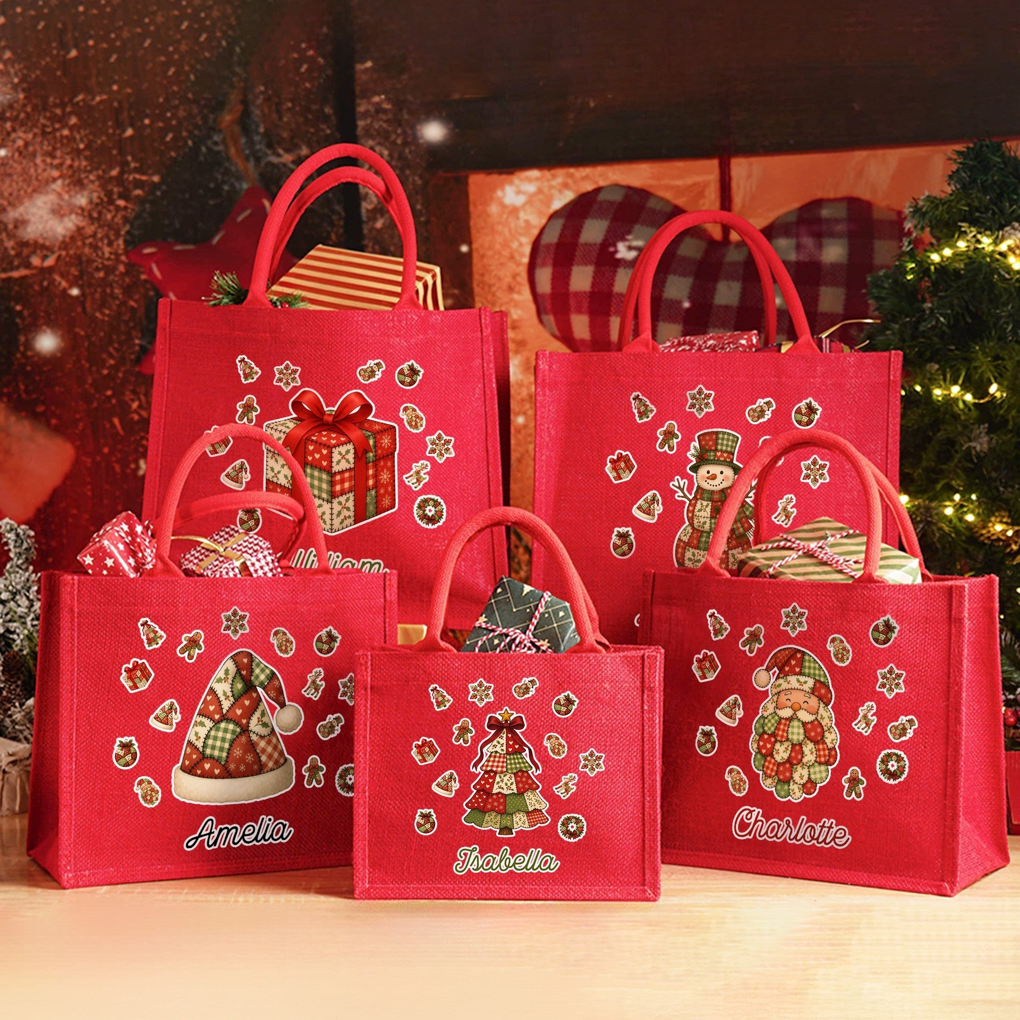 Bolsa de yute roja grande de yute con nombre personalizada con motivos navideños Regalo de Navidad para niños Amigos