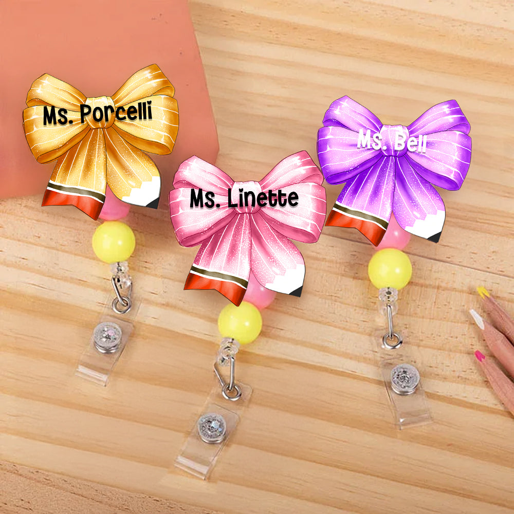Lápiz personalizado arco de cuentas de acrílico retráctil Badge Reel con el nombre de vuelta a la escuela Apreciación Día del Maestro Regalo para Profesores Educadores