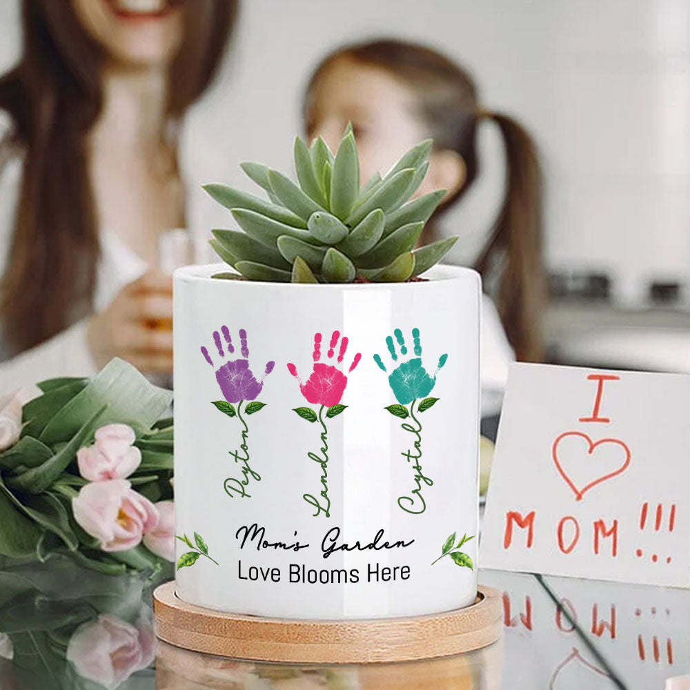 Maceta de cerámica personalizada con nombre y base de bambú Regalo del Día de la Madre para mamá abuela