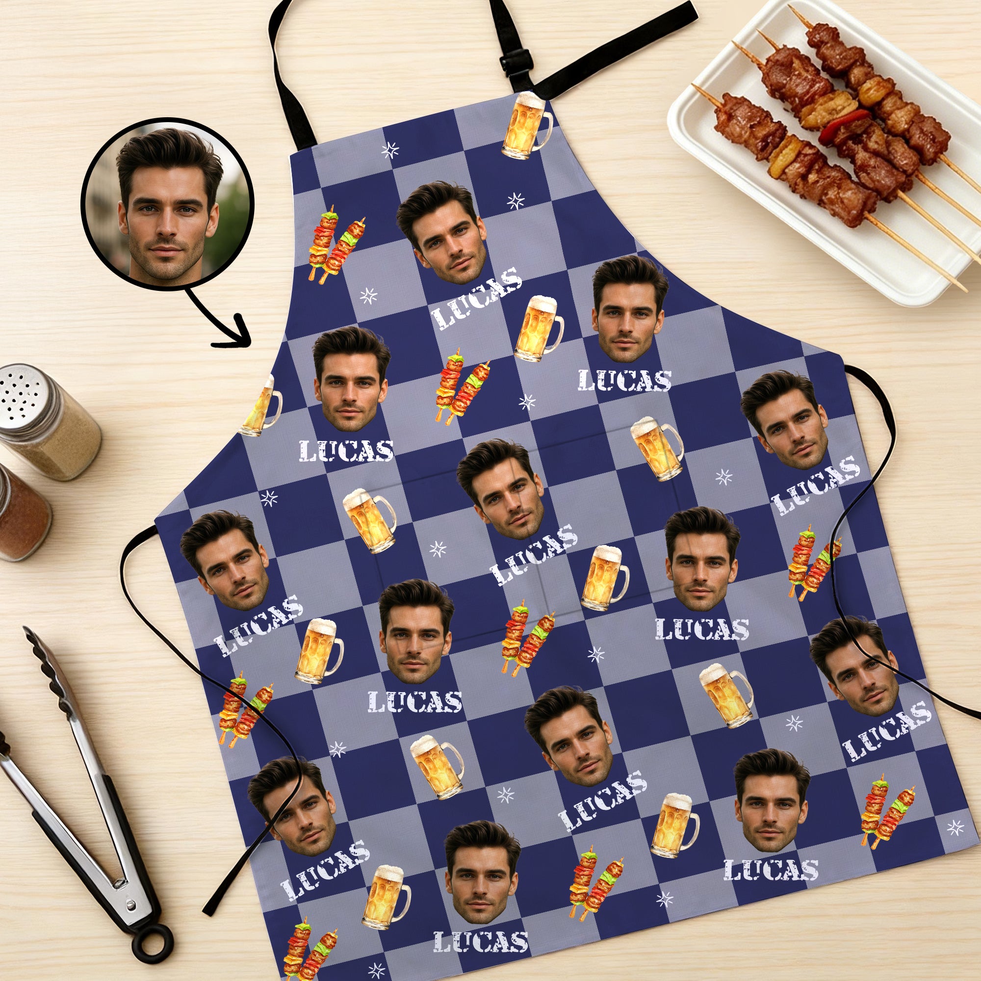 Delantal de Barbacoa Personalizado con Cara Divertida, Nombre y Bolsillo Regalo de Cumpleaños para Amante de la Cocina y Aficionado a la Barbacoa