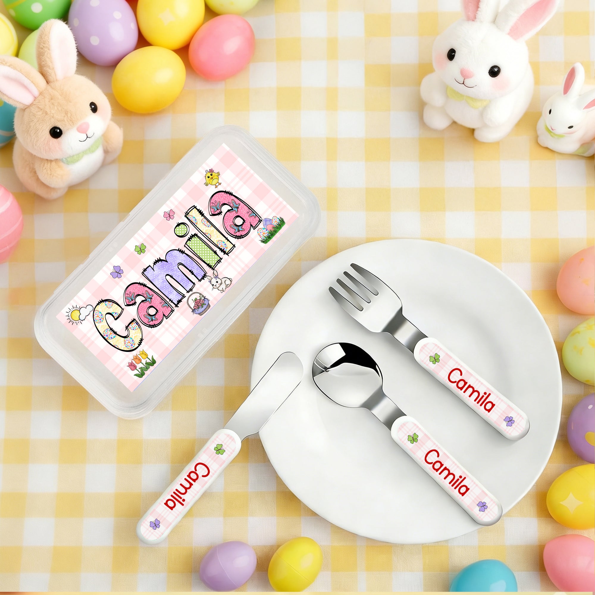 Juego de cubiertos de 3 piezas de acero inoxidable con cuchara, tenedor, cuchillo, estuche y nombre, regalo de Pascua para niños.