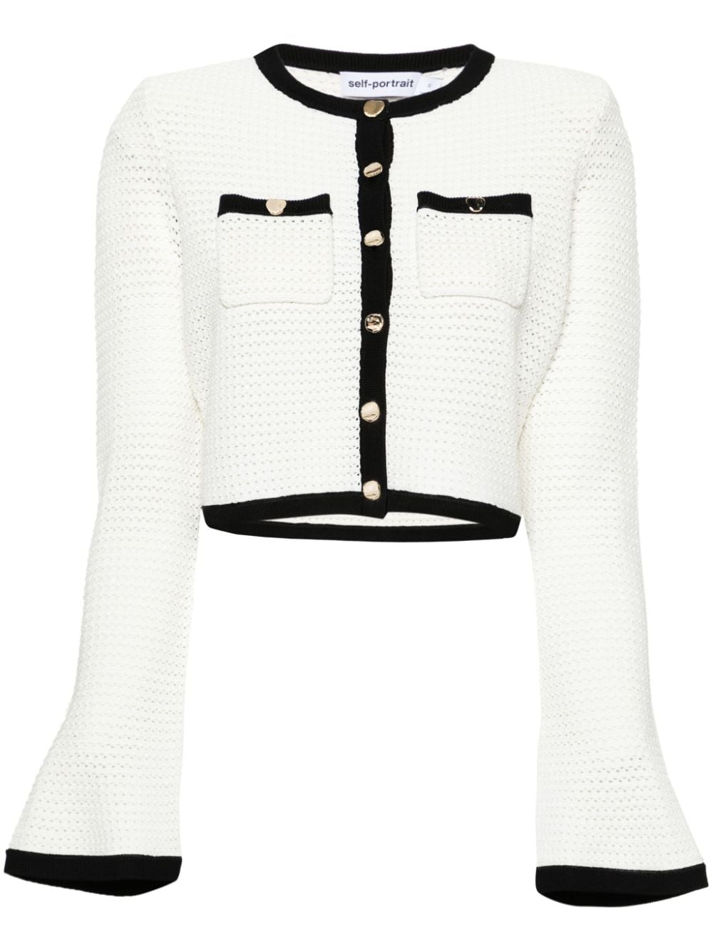 Self-Portrait Pointelle-Knit Cropped Cardigan — White