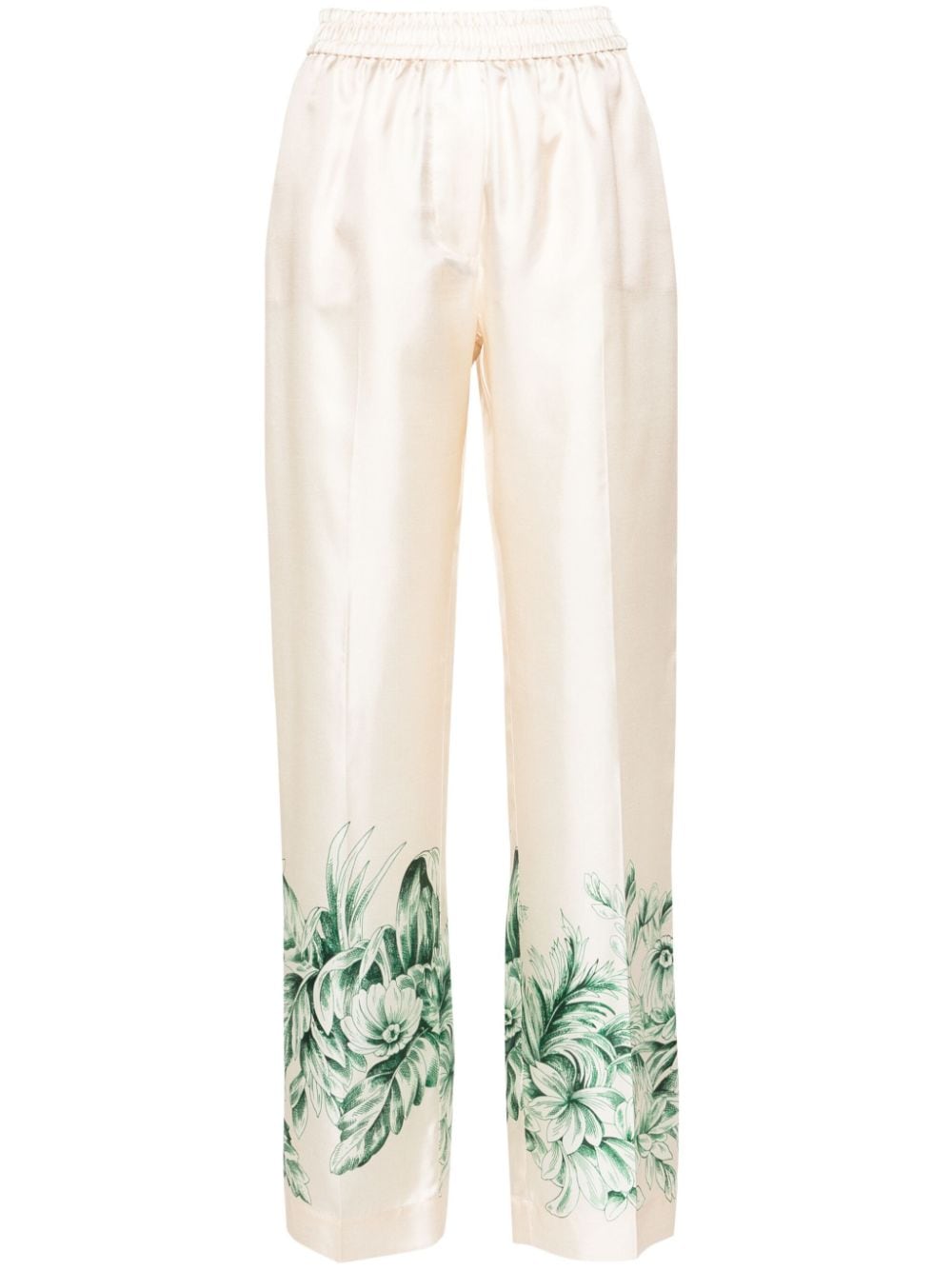F.R.S . Floral-Print Silk Trousers — Beige