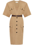 Saint Laurent Cotton Twill Midi Dress — Beige