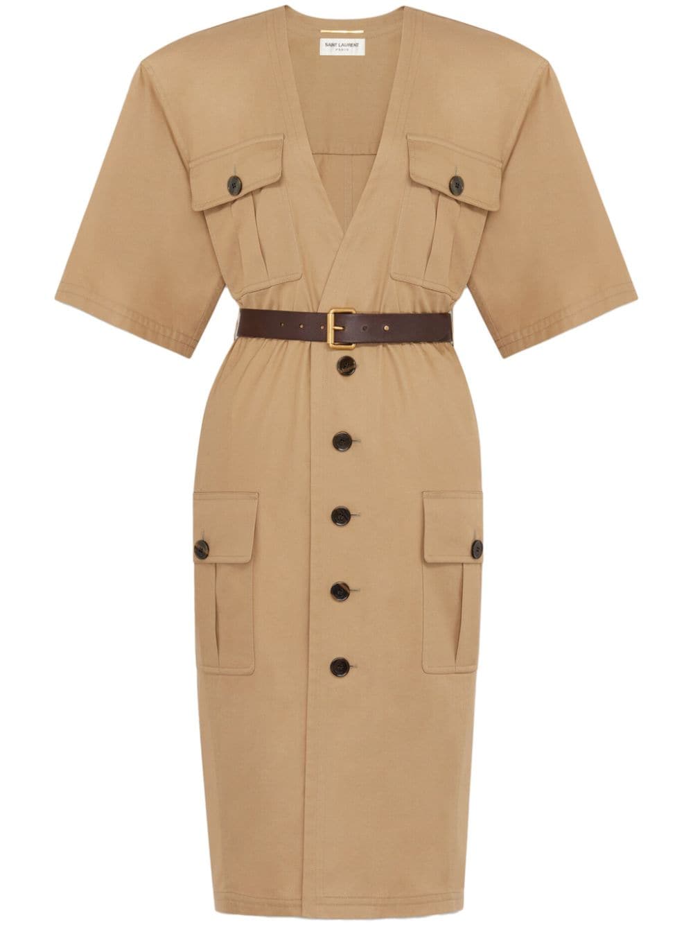 Saint Laurent Cotton Twill Midi Dress — Beige