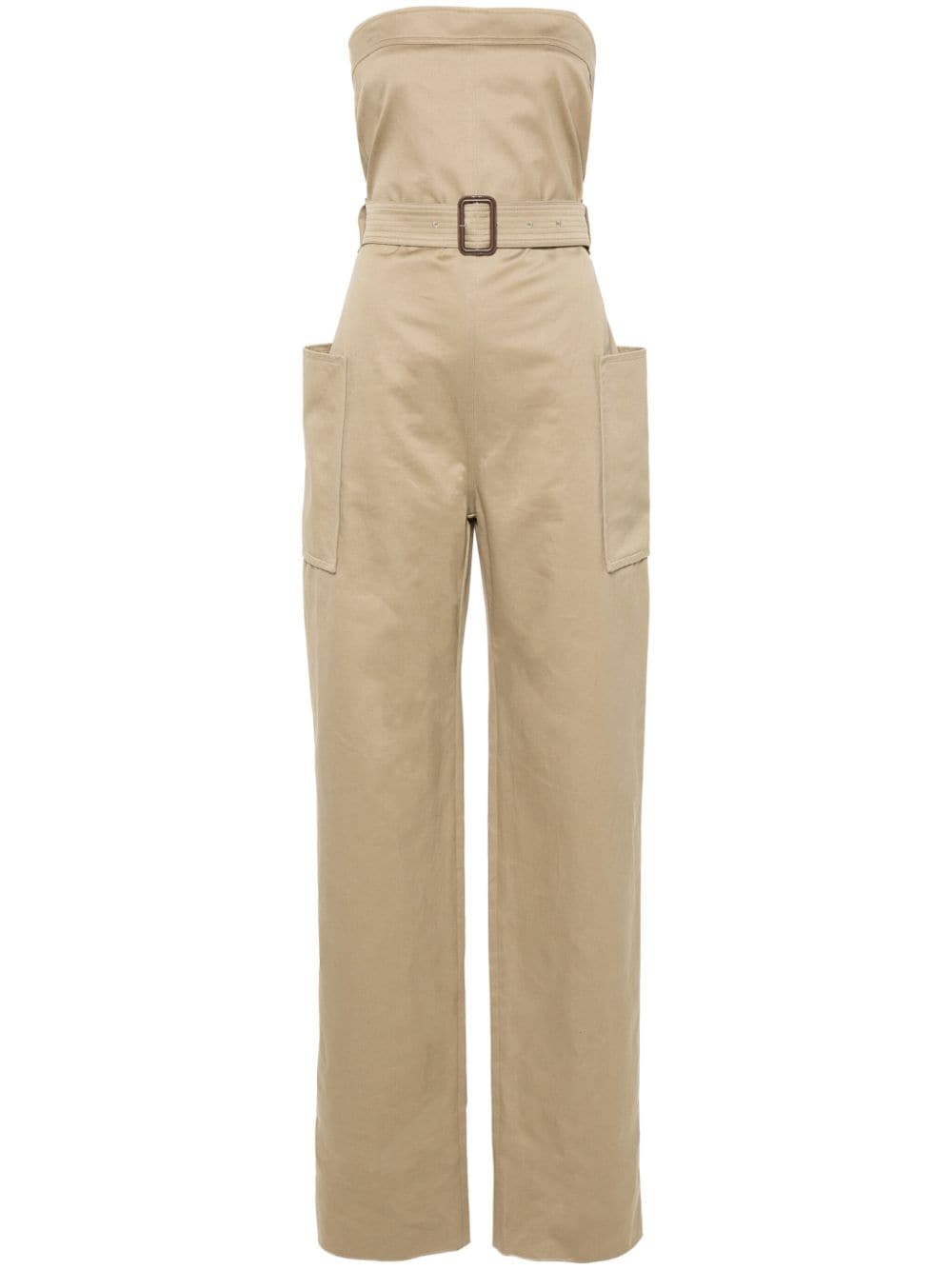Saint Laurent Strapless Belted Jumpsuit — Beige