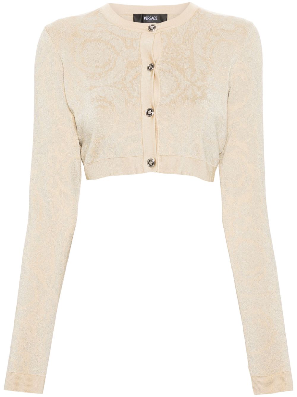 Versace Barocco Lurex Cropped Cardigan — Beige