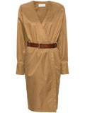 Saint Laurent Belted Cotton Twill Dress — Camel