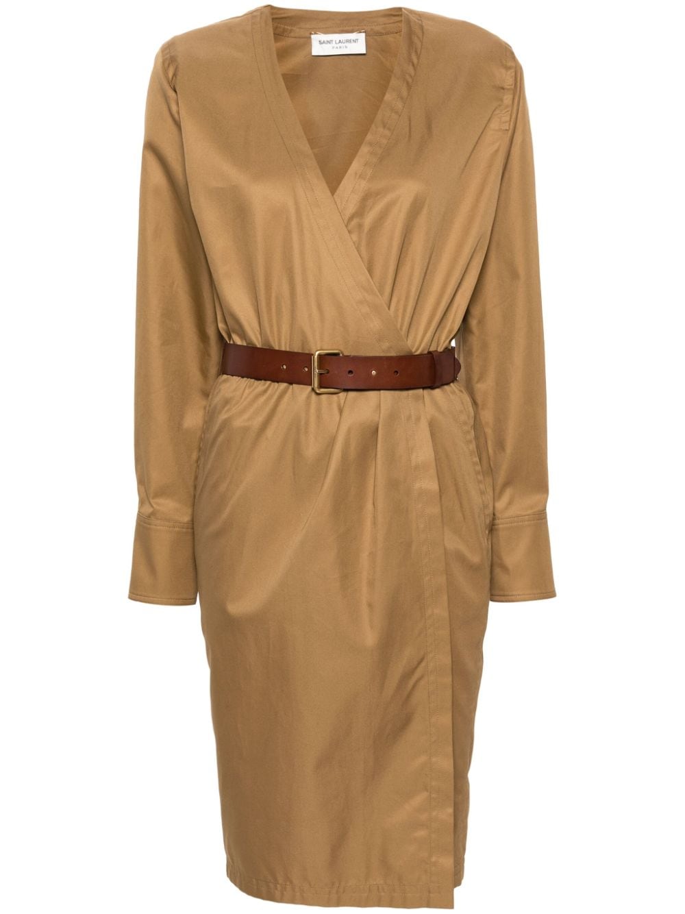 Saint Laurent Belted Cotton Twill Dress — Camel