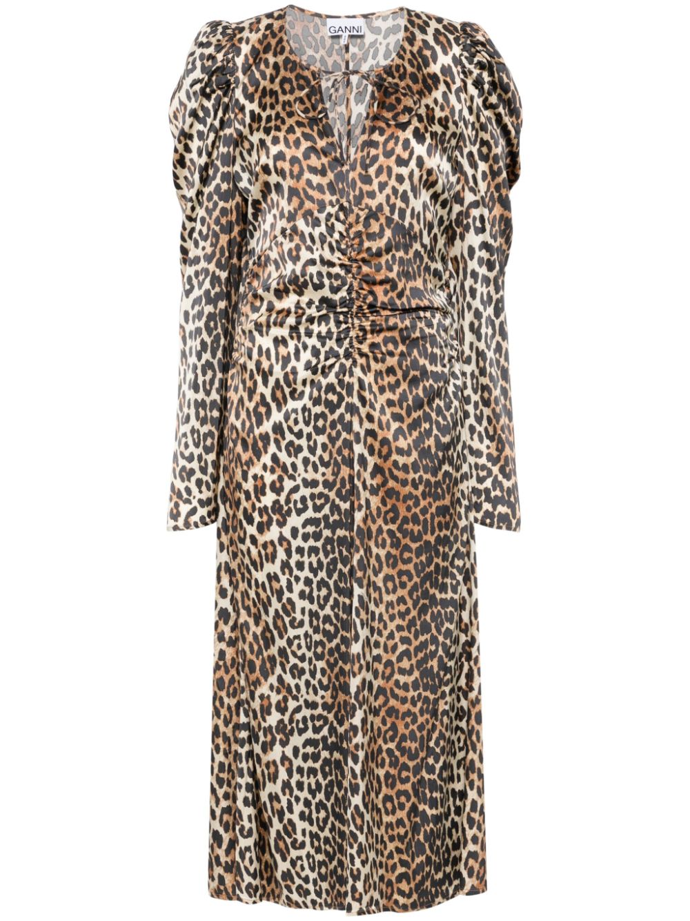 Ganni Leopard-Print Ruched Dress — Brown