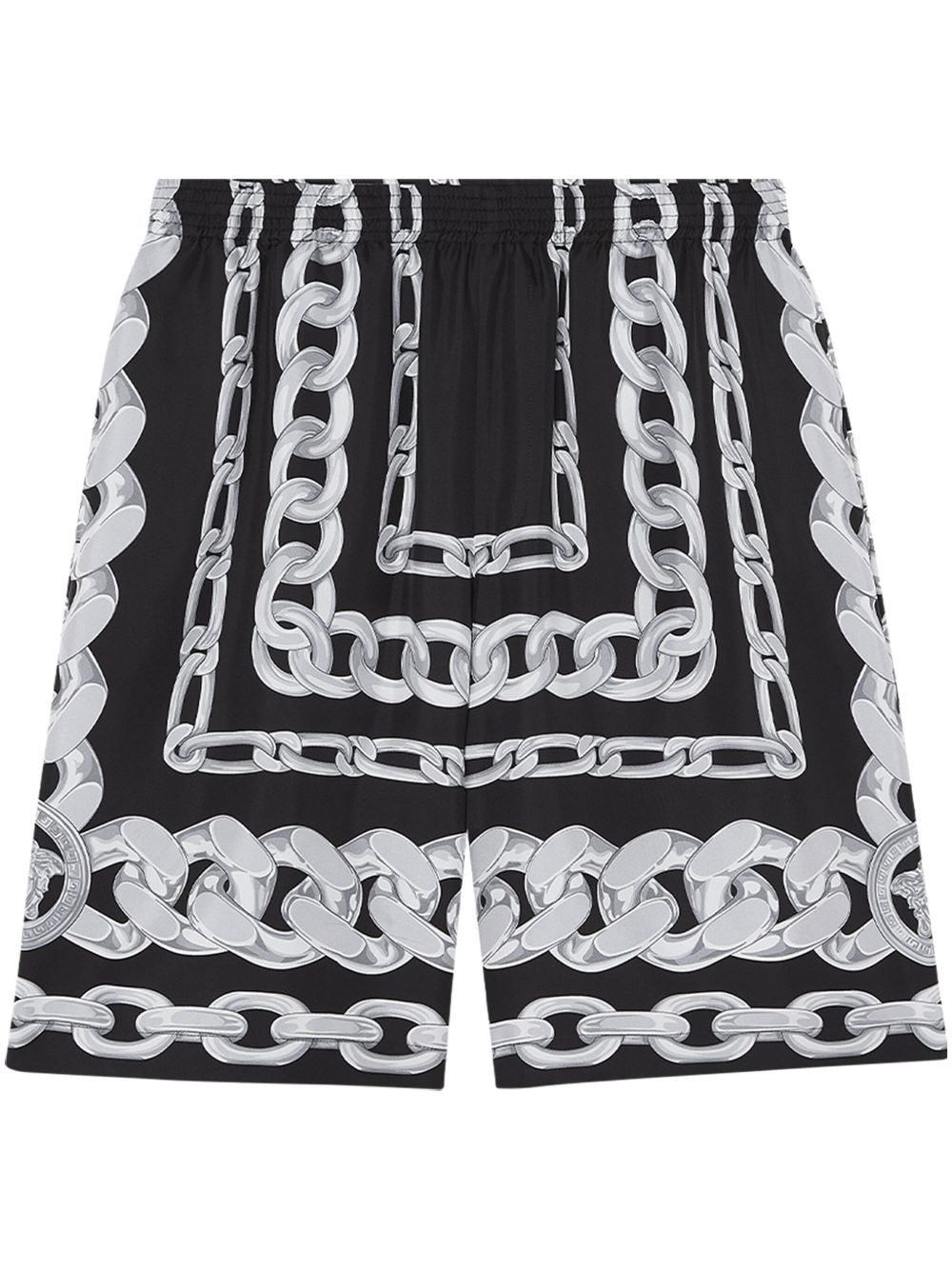 Versace Chain-Print Silk Shorts — Black