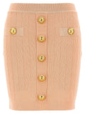 Balmain Gold-Button Ribbed Knit Skirt — Powder Pink